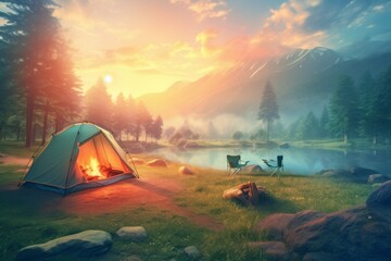 A serene campsite nestled in a mountain valley, bathed in the warm glow of a sunset. A campfire crackles inside a tent, inviting relaxation.