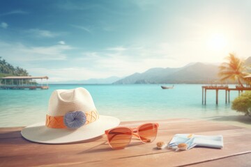 Obraz premium A sun hat, sunglasses, and a map lie on a wooden table overlooking a tropical beach. The sun shines brightly in the sky.
