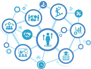 Apprenticeship vector illustration. Blue banner related to apprentice, intern or trainee mentoring program, job training or coaching, training on the job, vocational or practical learning