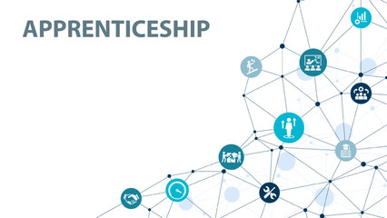 Apprenticeship vector illustration. Blue banner related to apprentice, intern or trainee mentoring program, job training or coaching, training on the job, vocational or practical learning