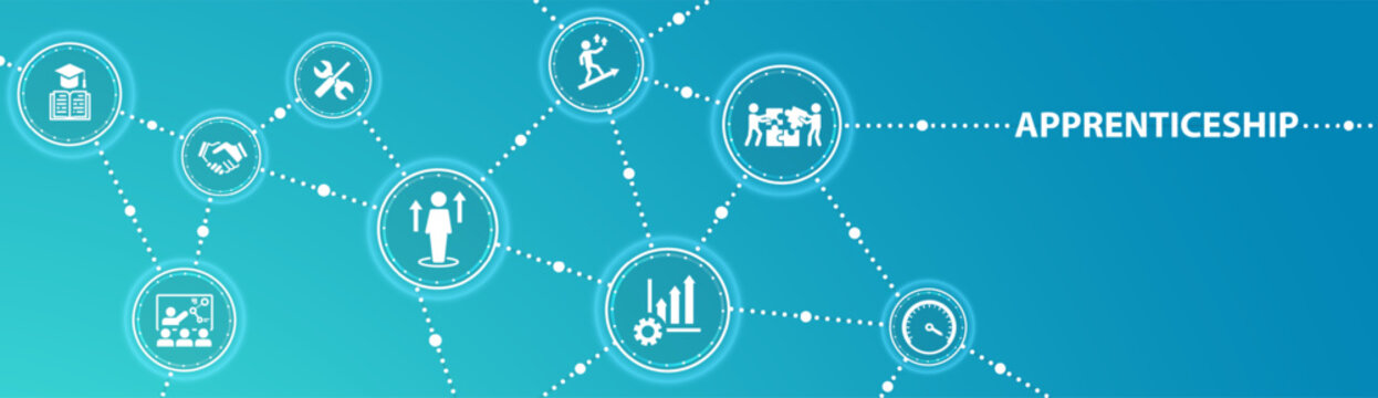 Apprenticeship vector illustration. Blue banner related to apprentice, intern or trainee mentoring program, job training or coaching, training on the job, vocational or practical learning