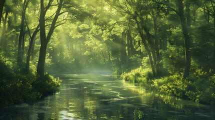 Tranquil River Flowing Through Lush Forest with Sunlight Filtering through Trees Reflecting on Calm Water