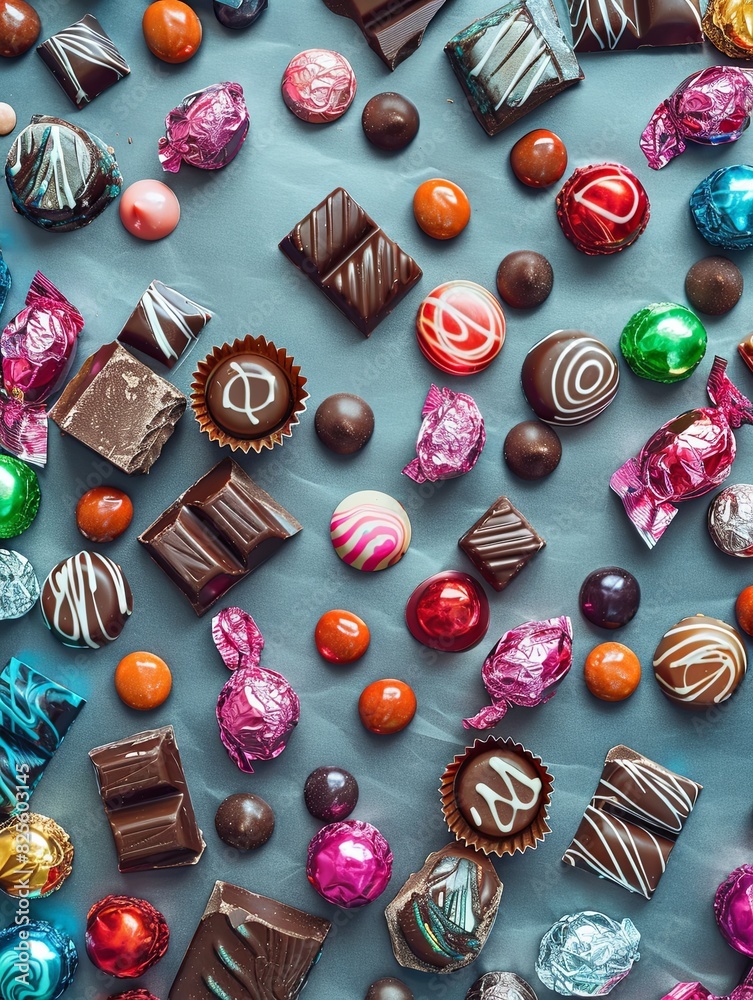 Aufkleber A table covered in a vast array of colorful and detailed chocolates with shiny wrappers. Generative AI