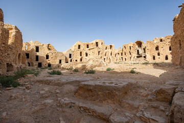 Ruined ghorfas in Fortified Ksar Mgabla Berber settlement, Tataouine, southeast Tunisia