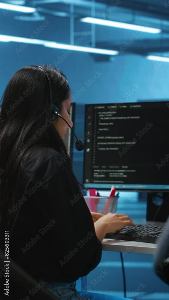 Poster vertical video team of it support experts working together, supervising server rows in computer netw