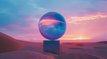 A large, colorful, reflective sphere is sitting on top of a cube in a desert - Powered by Adobe