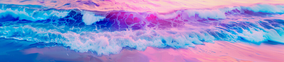 Sunset panorama of ocean waves. Fantasy Pink and purple sea wave with copy space for text. Tropical Header, footer for web or mobile 
