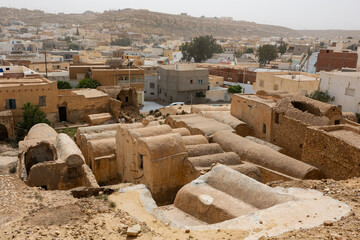 View of Ghomrassen village with ruined cave-dwelling areas in southeast Tunisia