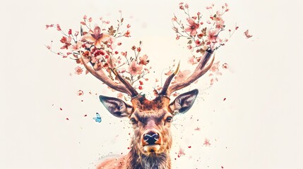 surreal illustration of a deer with antlers made of flowers, set against a bright white background.
