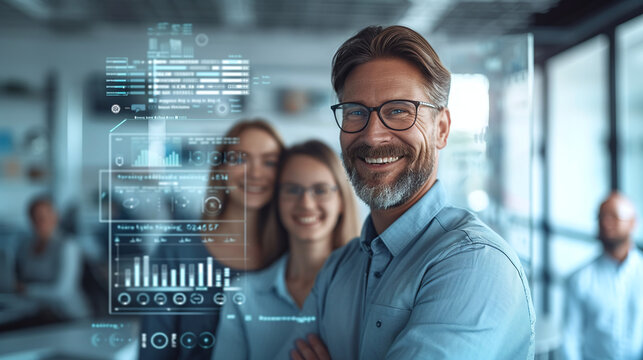gently smiling man wearing formal shirt at the office, happy positive customers standing in front of a glassy translucent tablet with lively tableaus