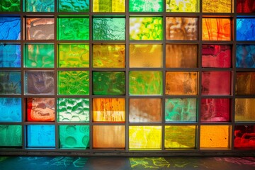 Vibrant stained glass panels creating a mosaic of light and shadow on an interior wall