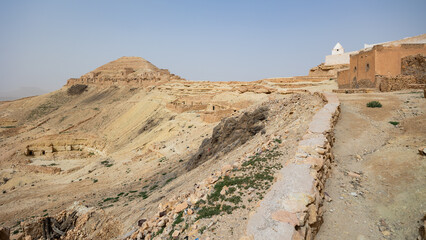 View of ruins mountain Berber village Guermassa, Tataouine, southeastern Tunisia