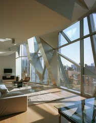 Fototapeta premium A modern apartment with a large window overlooking the city