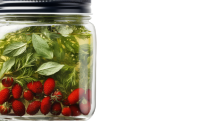 A jar of fresh strawberries and basil leaves, a perfect blend of sweet and savory. Ideal for culinary designs. Transparent background. 