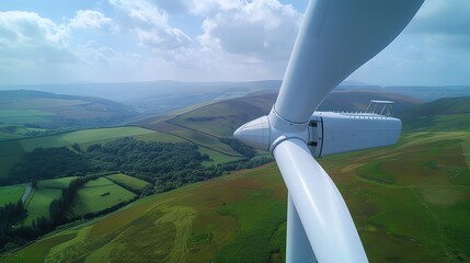 Close-up photograph of a modern wind turbine against a backdrop of rolling green hills, with the blades turning gently in the wind