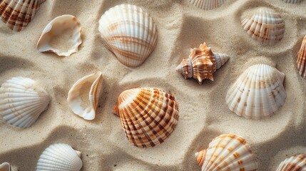 A close-up of fine sand with an array of sea shells embedded in it, showcasing the natural beauty and diversity of the shells