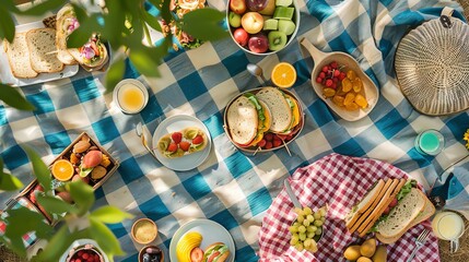 Obraz premium A delightful picnic setup in a park, featuring cute food items like sandwiches, fruits, and pastries arranged on a checkered blanket, with colorful picnic accessories