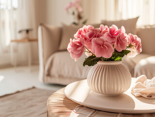 Pink flowers in vase as bouquet at coffee table in living room interior 