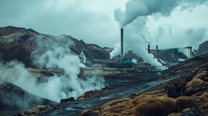 Fototapeta premium A detailed photograph of a geothermal power plant with steam rising from the ground, surrounded by a rugged landscape