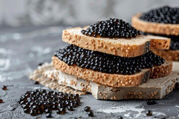 Sandwich with black sturgeon caviar on one color background. Luxurious black caviar - generative ai