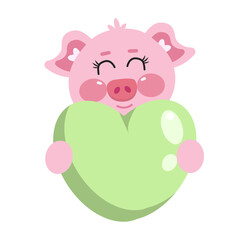 Cute kawaii smiling pig cartoon animal holding a big green heart. Little animals in love. Illustration for kids	