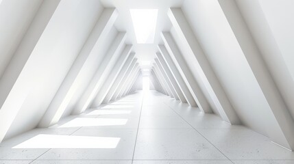 Obraz premium A sunlit modern corridor with white interior, featuring geometric architecture and diagonal structures creating shadows, background with copy space