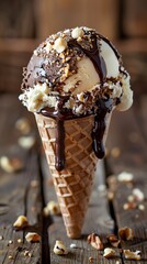 A vertical shot of a creamy chocolate ice cream scoop, drizzled with chocolate sauce and sprinkled with nuts, set against a rustic wooden background