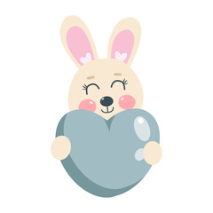 Cute kawaii smiling bunny, rabbit cartoon animal holding a big blue heart. Little animals in love. Illustration for kids	