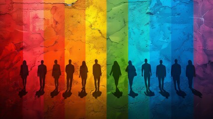 LGBT color background, silhouettes of young men and women wearing work clothes symbolize diversity and inclusion, emphasizing unity and cohesion across different identities.