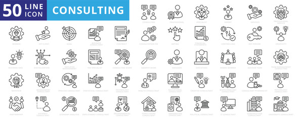 Consulting icon set with professional, specialist, expert, service, mentoring, coaching, client and partnership.