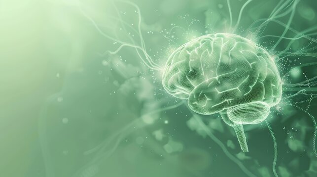 Digital rendering of a human brain with neural connections, illuminated in green, set against a dark background.
