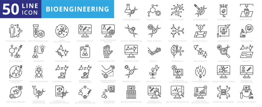 Bioengineering icon set with biomaterials, biomechanics, bioprocessing, bioreactors, bioprinting and biopharmaceutical.