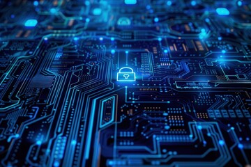 An evocative portrayal of a futuristic blue circuit board backdrop.