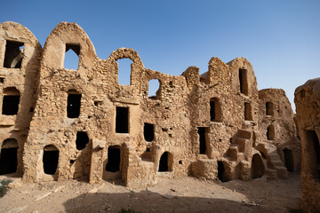 Unoccupied courtyard and house territory in ancient village of Berbers. Gsar of Mgabla, Tatahouine....