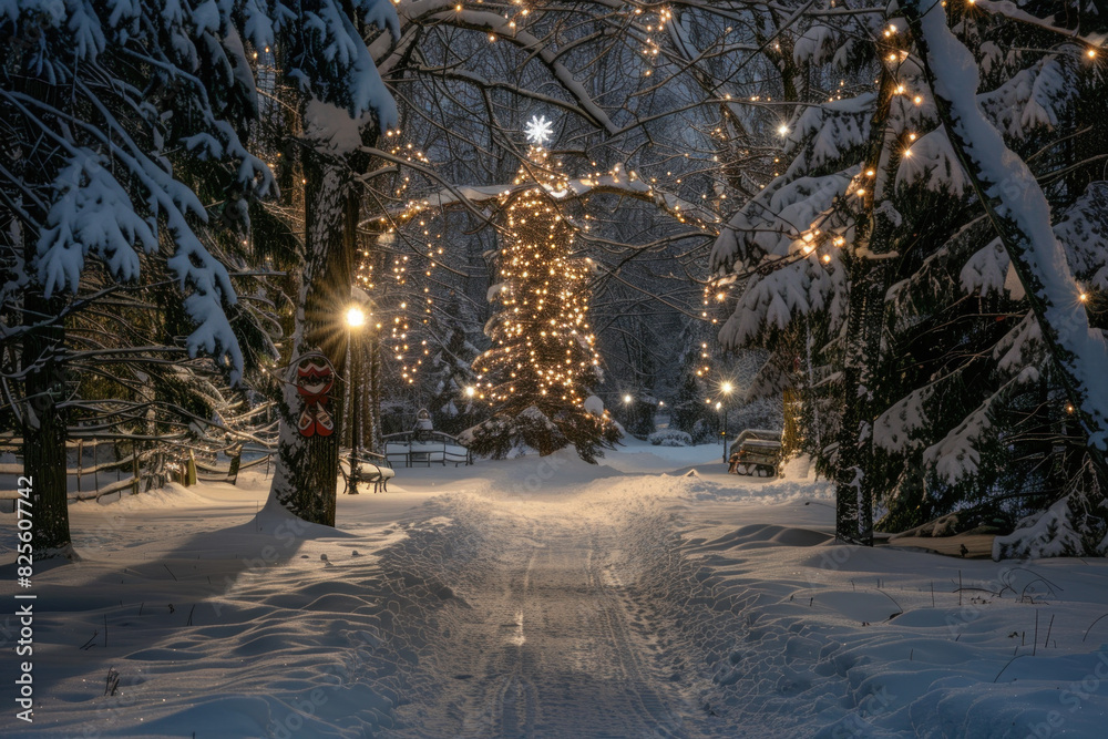 Wall mural enchanting winter scene in a snowy park, illuminated by festive lights and a glowing christmas angel