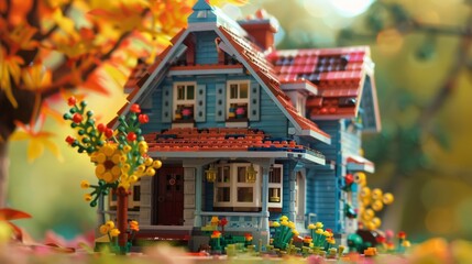 A real photography of miniature of a house made of Lego in fun theme color. Cute miniature 