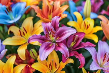 Fototapeta premium Vibrant lilies in full bloom showcasing a range of colors in a lush garden setting