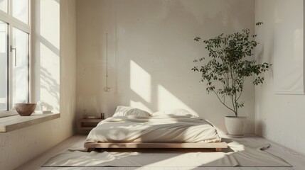 A minimalist bedroom with neutral tones and uncluttered decor, fostering a sense of calm and tranquility.