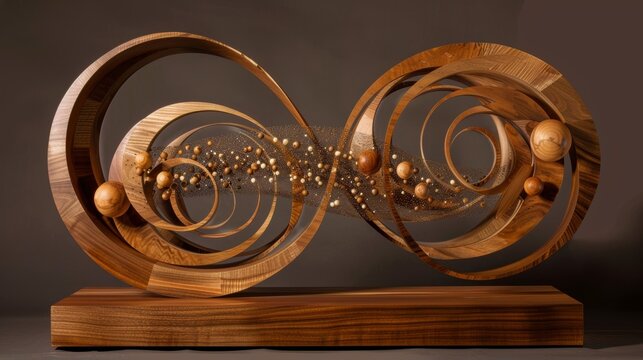 A wooden sculpture depicts a particle collision emphasizing the impact of gluons in shaping the physical world.