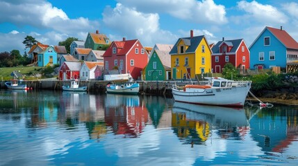 A peaceful coastal village with colorful houses and fishing boats, offering a tranquil escape by...