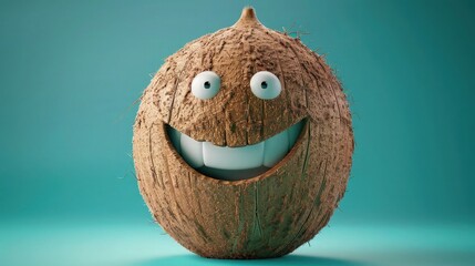 A 3D animated coconut with a cheerful face against a teal background