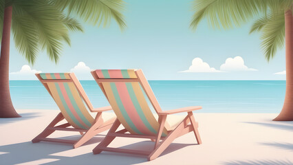 Comfortable beach chairs are placed in an area covered with tropical foliage. a relaxing vacation