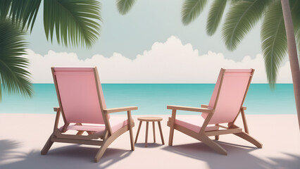Comfortable beach chairs are placed in an area covered with tropical foliage. a relaxing vacation