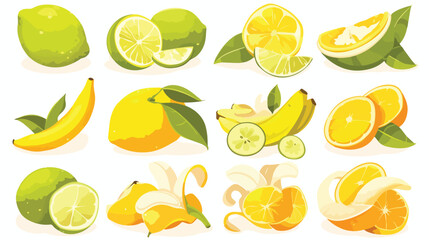 Set of green lemon or lime orange and banana fruit