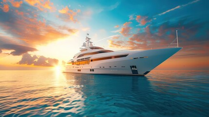 Fototapeta premium White luxury yacht in the sea at sunset. Luxury motor boat on blue sky background.