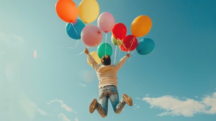 A person holding a bouquet of colorful balloons, jumping with glee, surrounded by a backdrop of blue sky.
