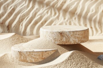 Background for cosmetic products of natural beige color. Stone podium on the sand. Front view - generative ai