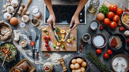 A person live streaming a cooking demo while selling kitchen tools, with ingredients and utensils laid out.