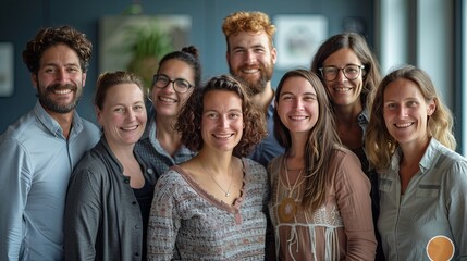 Fototapeta premium Lifestyle portrait of diverse young people smiling warmly in a cozy conference room, showcasing various cultures. Natural and positive private meeting with a close, intimate composition