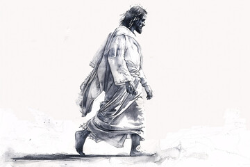 Jesus walking on a white background